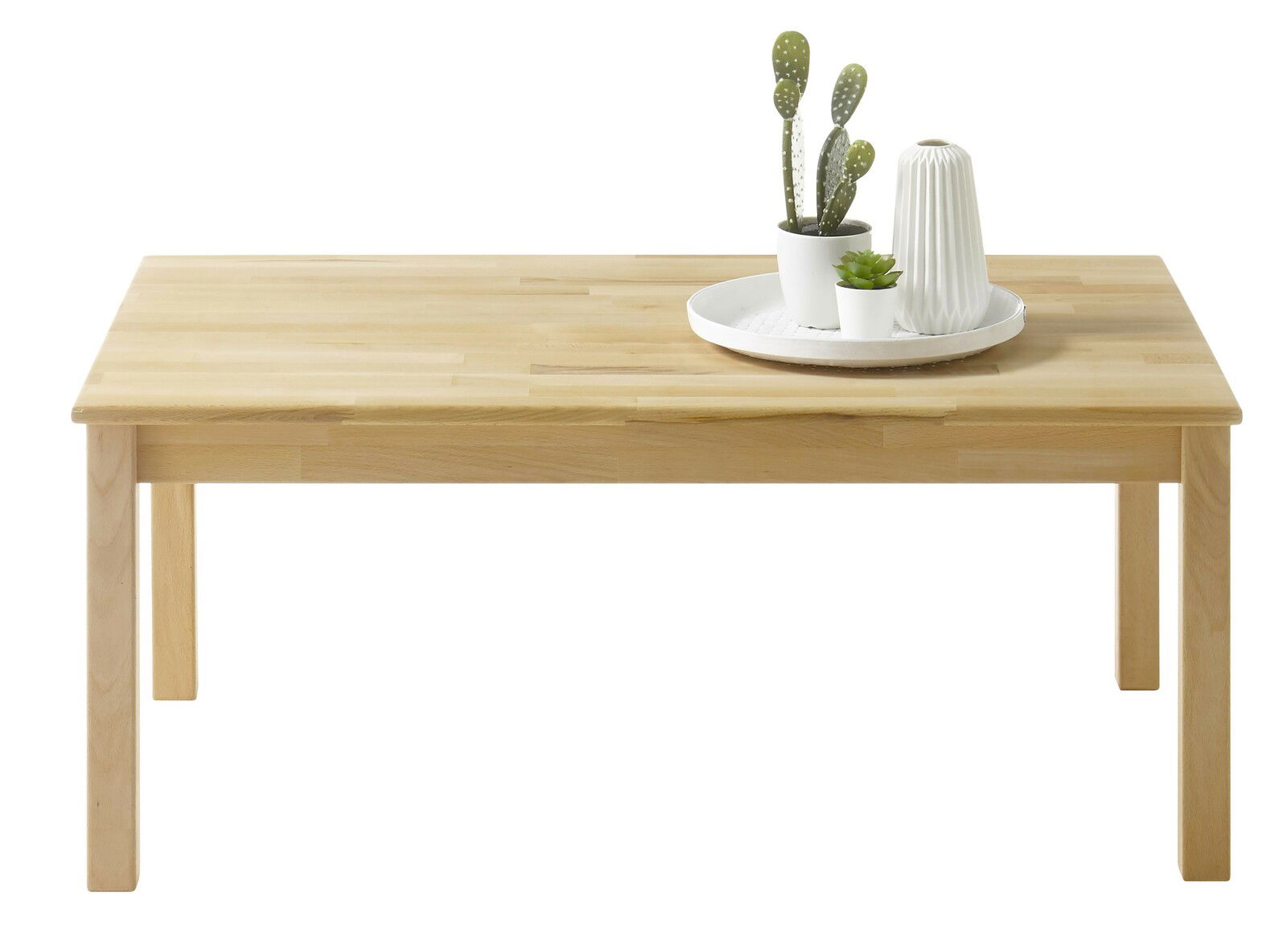 Holz-Couchtisch mit Dekoration, Frontalansicht