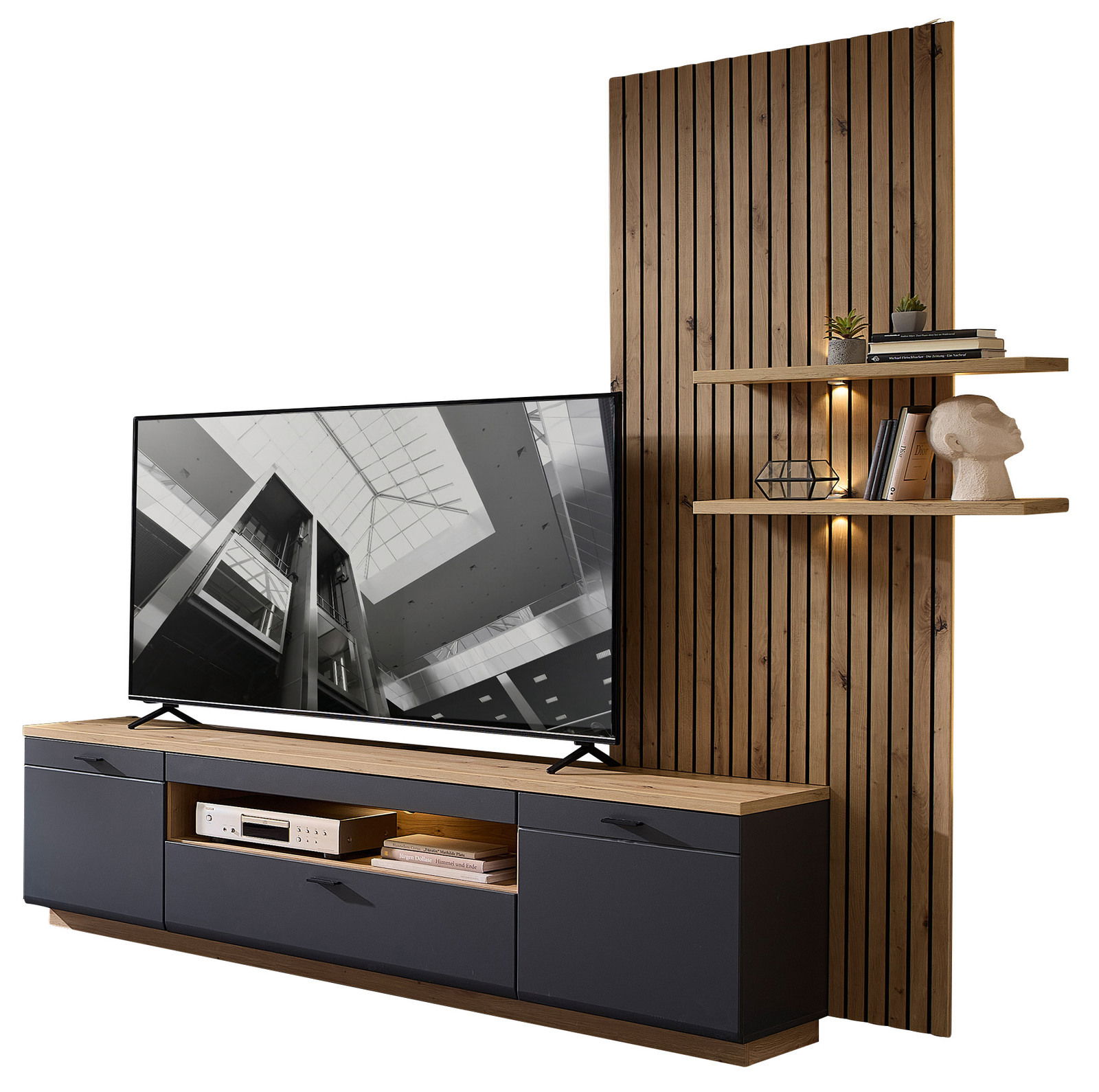 Moderne Wandkombination mit Holzpaneelen, integriertem TV und Regalen, seitliche Perspektive