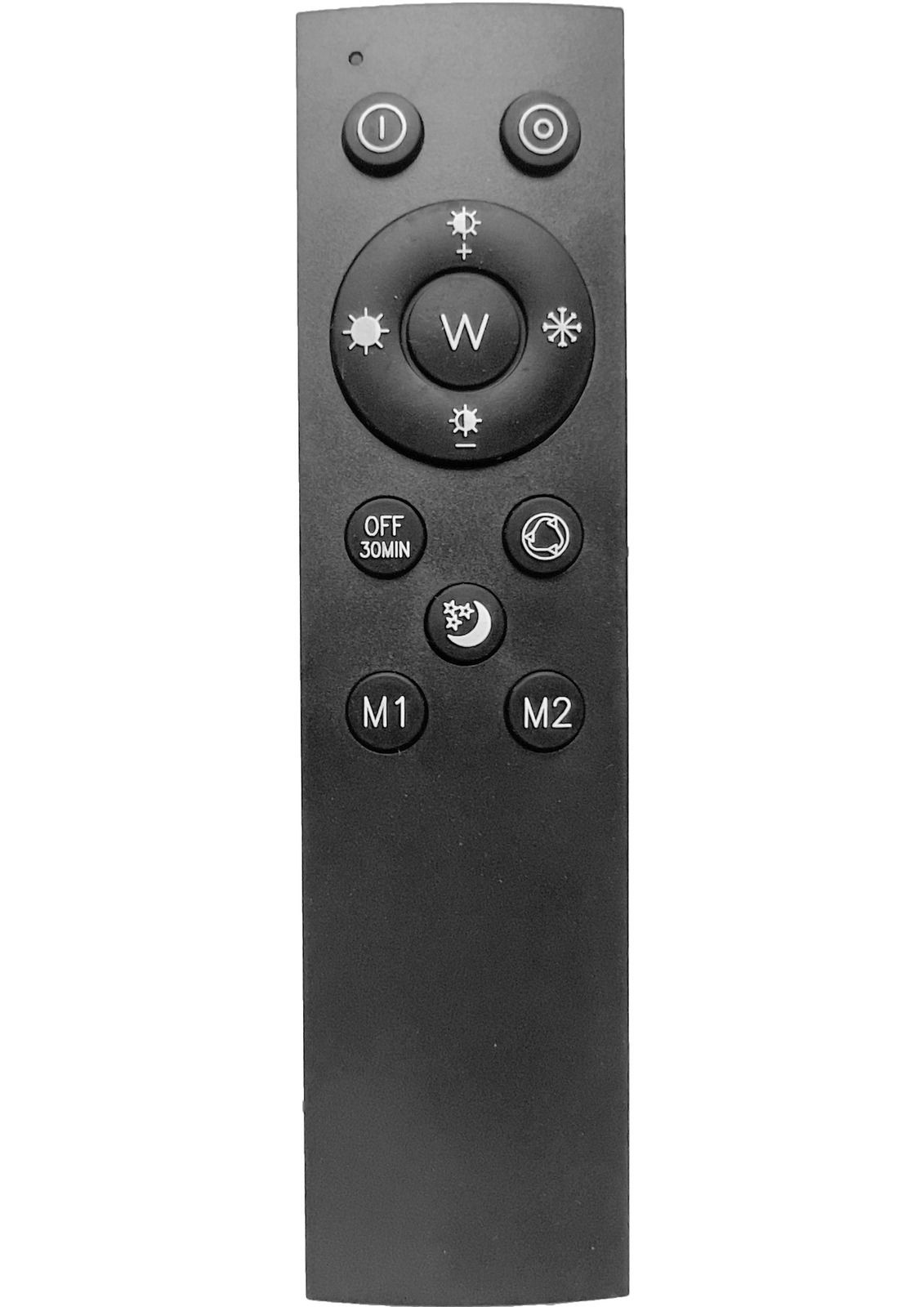 Fernbedienung für LED-Hängeleuchte, Vorderansicht mit verschiedenen Tasten zur Steuerung der Lichtintensität und -farbe.