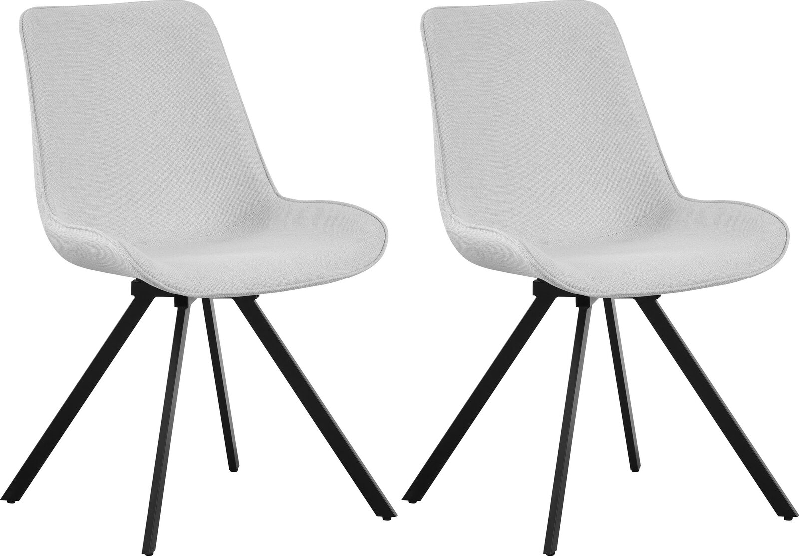 Zwei moderne Polsterstühle in Hellbeige mit schwarzem Metallgestell, schräg von vorne in leichter Seitenansicht freigestellt auf weißem Hintergrund