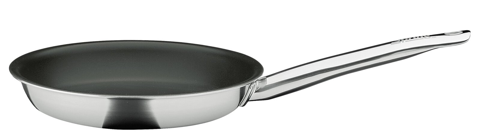 Spring Koekenpan 24 cm BRIGADE ULTIMATE Roestvrijstalen koekenpan met zwarte antiaanbaklaag en lange metalen handgreep, zijaanzicht op witte achtergrond