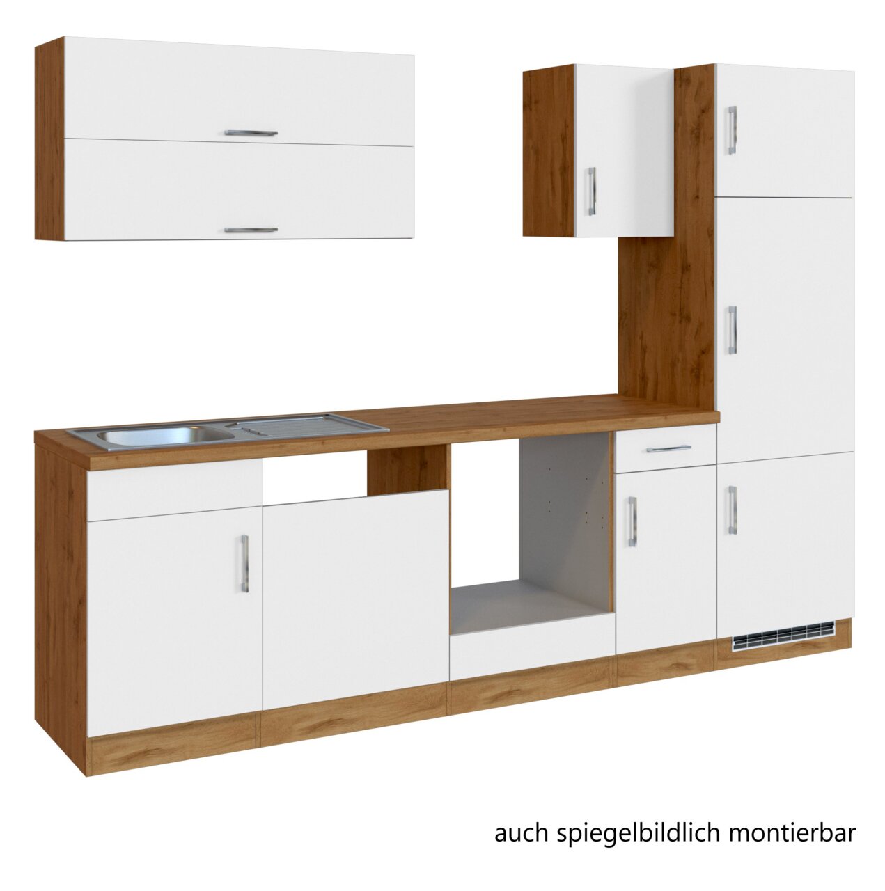 Moderne Küchenzeile in Holzoptik mit weißen Fronten, bestehend aus mehreren Schränken und einer Arbeitsplatte mit Spüle, seitliche Perspektive