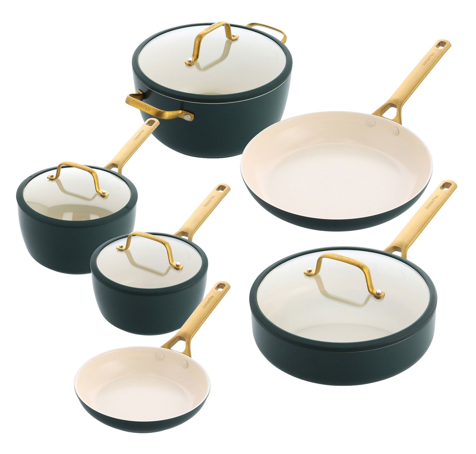 GreenPan Topfset 6-tlg. PADOVA Sechsteiliges Topfset mit goldenen Griffen und Glasdeckeln, aus der Vogelperspektive fotografiert.