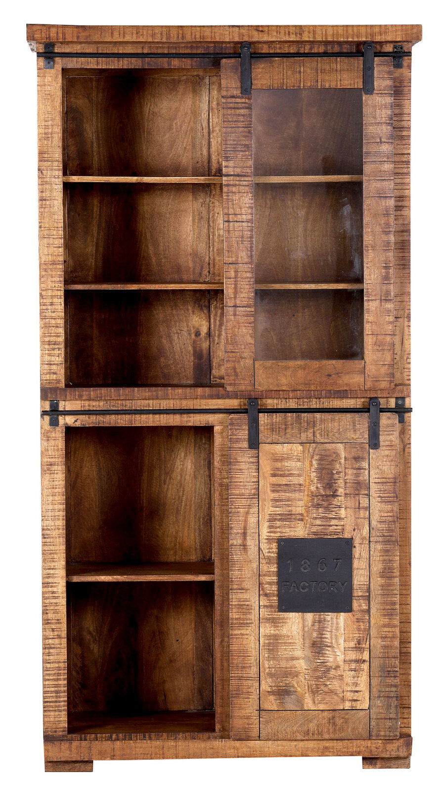Landscape Vitrine BARNEY Rustikale Holzvitrine mit Schiebetüren, aus der Frontalperspektive fotografiert.