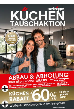 Werbeanzeige: Paar mit Daumen hoch vor Küche, Aktion „Küchentauschaktion“ mit bis zu 60 % Rabatt und Gratis-Abholung.