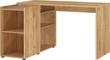 Moderner Schreibtisch aus Holz mit integriertem Regal, seitliche Perspektive
