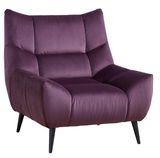 Lila Sessel mit weichem Stoffbezug und schwarzen Beinen, Vorderansicht