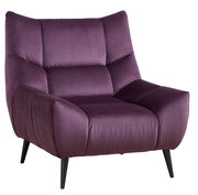 Lila Sessel mit weichem Stoffbezug und schwarzen Beinen, Vorderansicht