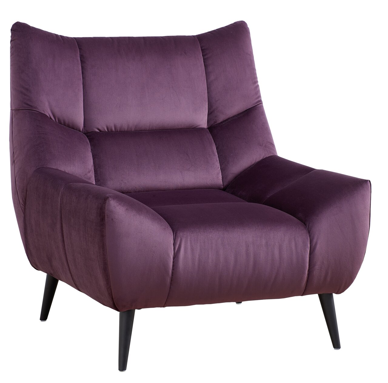 Lila Sessel mit weichem Stoffbezug und schwarzen Beinen, Vorderansicht