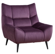 Lila Sessel mit weichem Stoffbezug und schwarzen Beinen, Vorderansicht