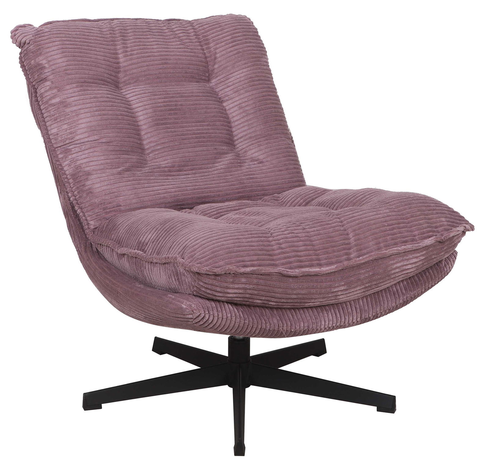 Lila Relaxsessel mit weichem, geripptem Stoffbezug und schwarzem Drehfuß, seitliche Perspektive