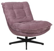 Lila Relaxsessel mit weichem, geripptem Stoffbezug und schwarzem Drehfuß, seitliche Perspektive