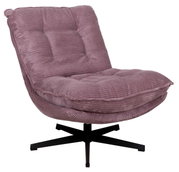 Paarse relaxfauteuil met een zachte, geribbelde stoffen bekleding en een zwart draaivoet, zijaanzicht