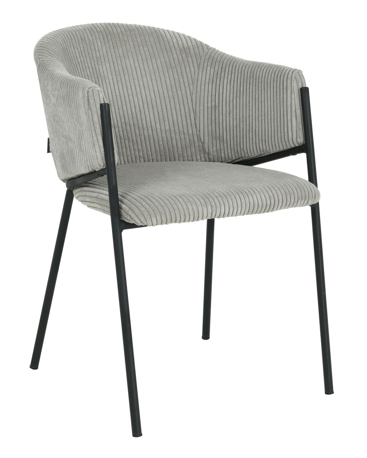 Z2 Armlehnstuhl KRONOS Grauer Armlehnstuhl KRONOS mit geripptem Stoffbezug und schwarzem Metallgestell, seitliche Perspektive