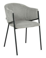 Grauer Armlehnstuhl KRONOS mit geripptem Stoffbezug und schwarzem Metallgestell, seitliche Perspektive
