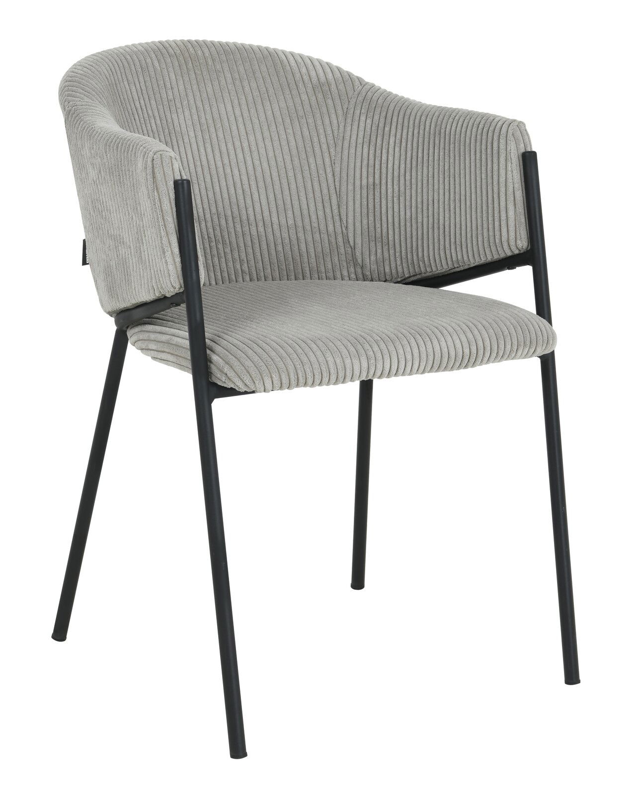 Z2 Armlehnstuhl KRONOS Grauer Armlehnstuhl KRONOS mit geripptem Stoffbezug und schwarzem Metallgestell, seitliche Perspektive