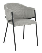 Grauer Armlehnstuhl KRONOS mit geripptem Stoffbezug und schwarzem Metallgestell, seitliche Perspektive