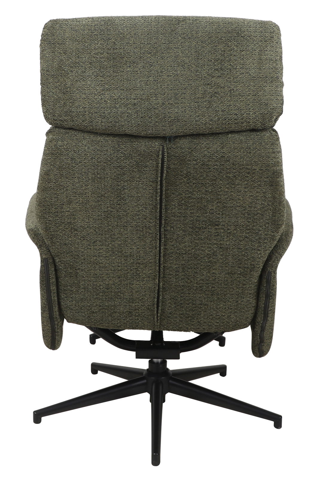 Rückansicht eines grünen Relaxsessels mit schwarzem Drehfuß.