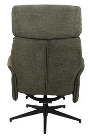 Rückansicht eines grünen Relaxsessels mit schwarzem Drehfuß.
