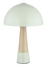 Moderne Tischleuchte mit einem runden, weißen Schirm und einem konischen Holzfuß, frontal abgebildet.