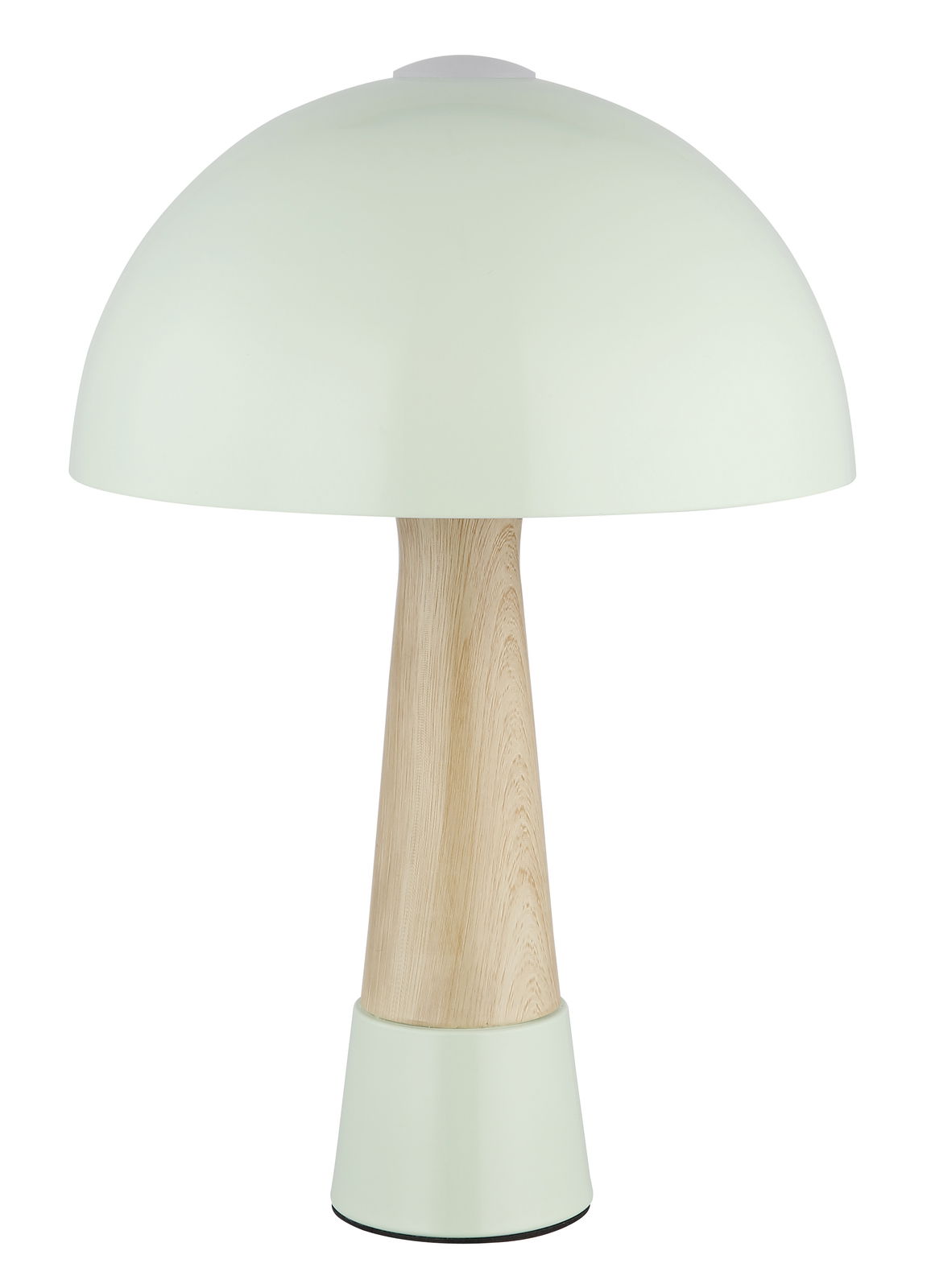 Moderne Tischleuchte mit einem runden, weißen Schirm und einem konischen Holzfuß, frontal abgebildet.
