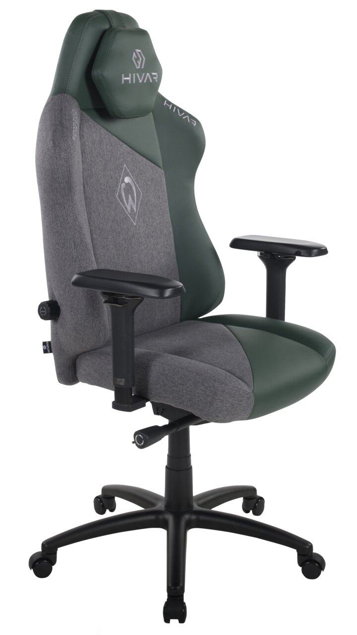 Seitliche Ansicht des HIVAR Gaming Stuhls in Werder Bremen Design mit grünen und grauen Polstern.