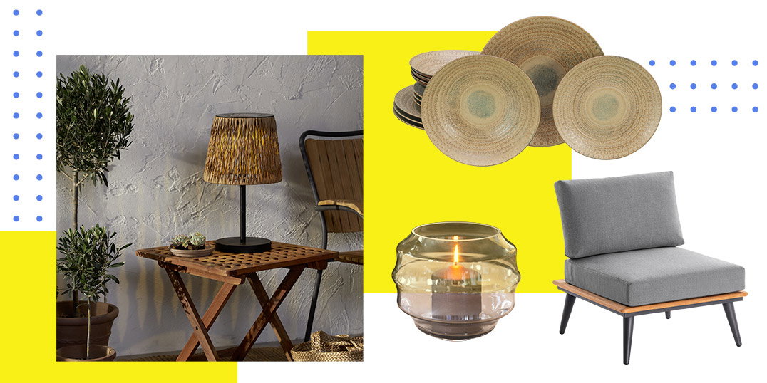 Sommerliche Outdoor-Kollektion mit Tischleuchte in Rattanoptik, Kerzenwindlicht, Lounge-Sesselmodul und naturfarbenem Geschirr vor modernem Hintergrund.
