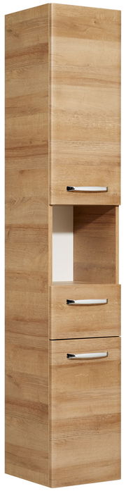 Hochschrank aus Holz mit zwei Schubladen und einem offenen Fach, seitliche Perspektive