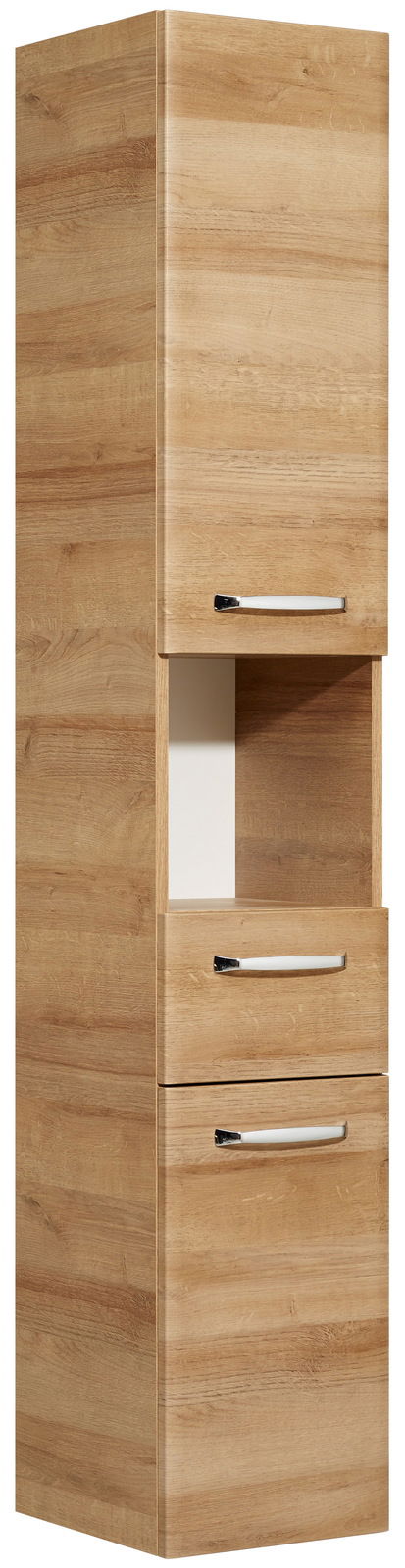 Hochschrank aus Holz mit zwei Schubladen und einem offenen Fach, seitliche Perspektive