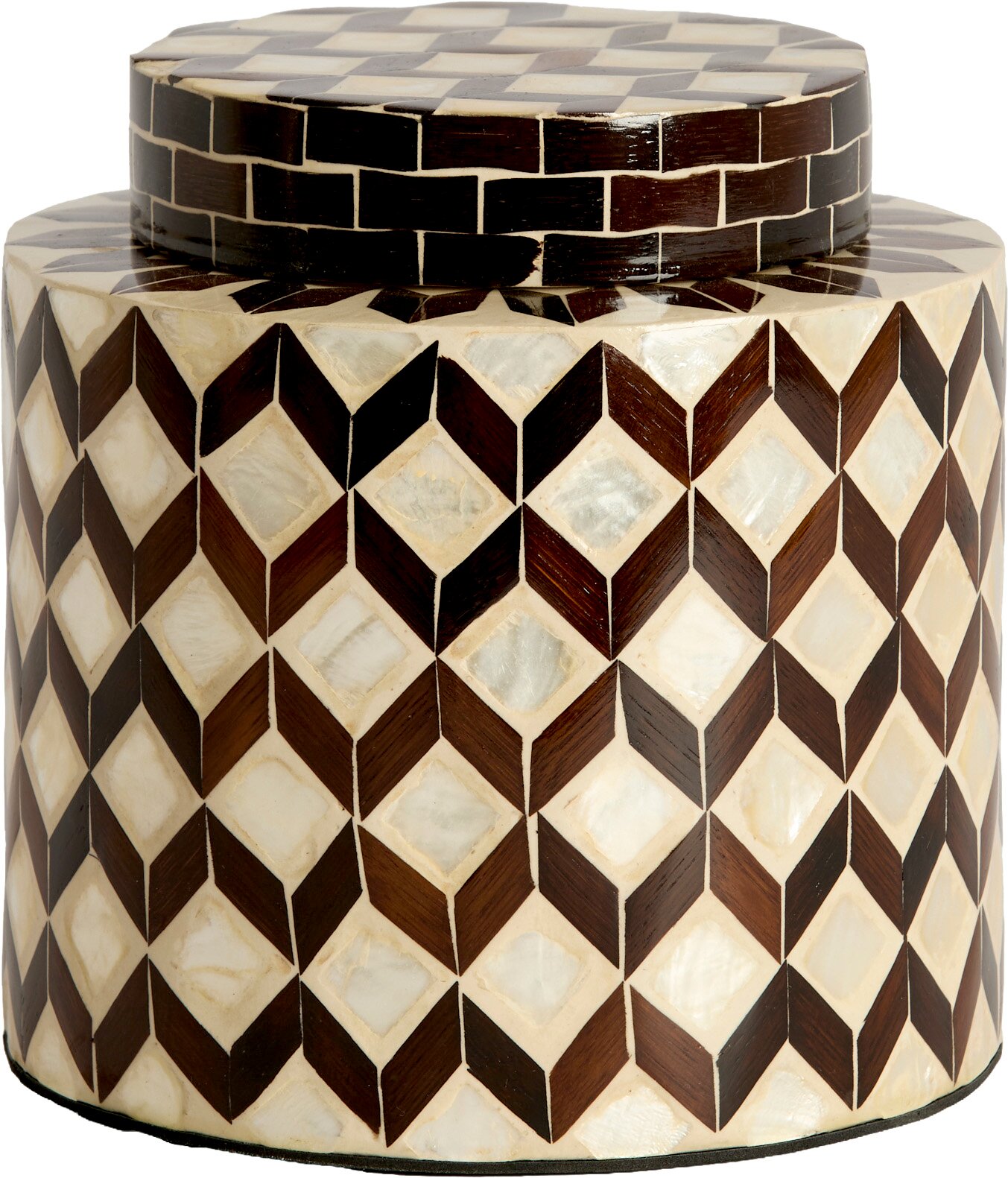 Dekorative zylindrische Dose mit Deckel und geometrischem Mosaikmuster in Creme und Dunkelbraun, frontal aus leichter Vogelperspektive gezeigt