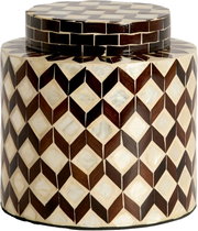 Dekorative zylindrische Dose mit Deckel und geometrischem Mosaikmuster in Creme und Dunkelbraun, frontal aus leichter Vogelperspektive gezeigt