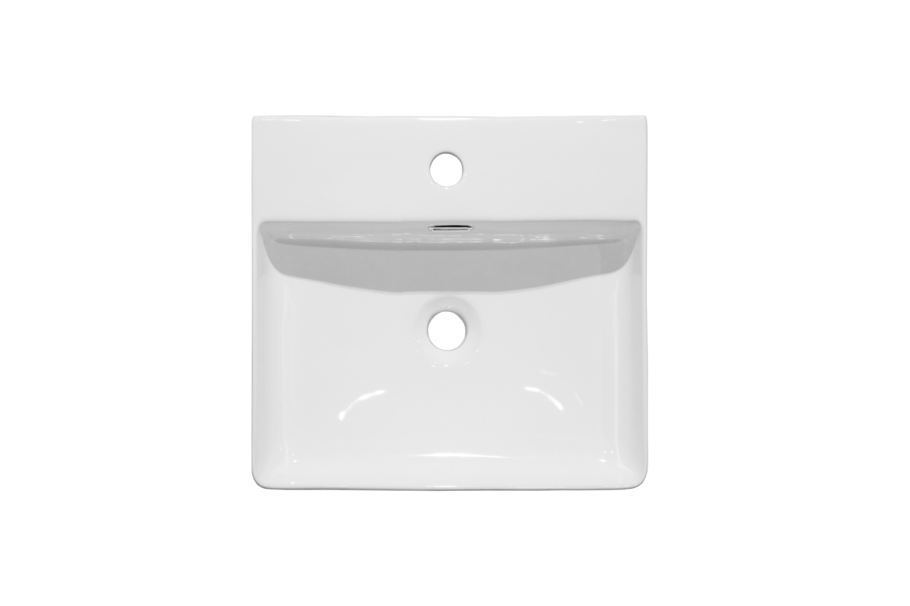 Linea Natura Keramikwaschtisch ALBANY Keramikwaschtisch aus der Vogelperspektive mit zentralem Wasserhahnloch und Überlauf.