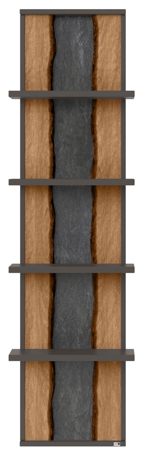 Hängepaneel mit vier Regalböden, Holzoptik mit dunklem Mittelstreifen, Frontalansicht