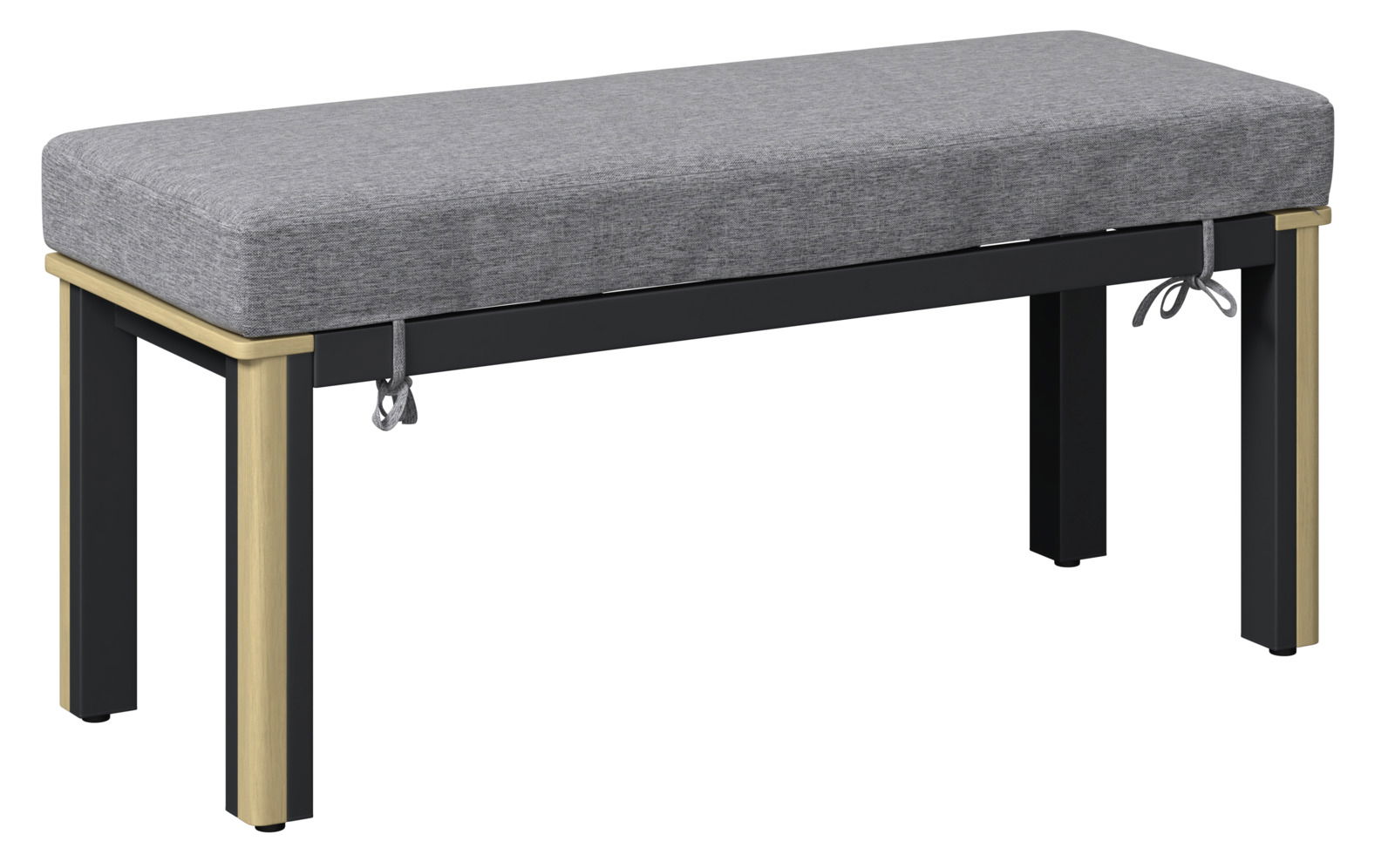 Bank mit grauem Polster und schwarzem Gestell, seitliche Perspektive