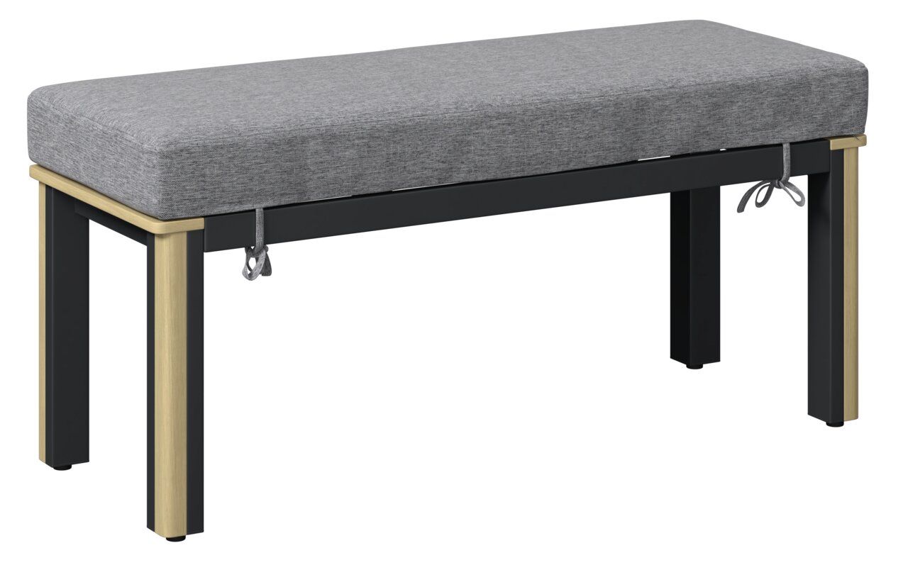 Bank mit grauem Polster und schwarzem Gestell, seitliche Perspektive