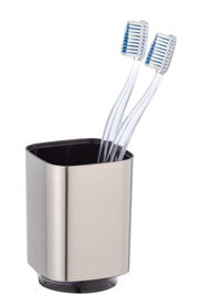 Zahnputzbecher Auron aus Chrom mit zwei transparenten Zahnbürsten, seitliche Perspektive