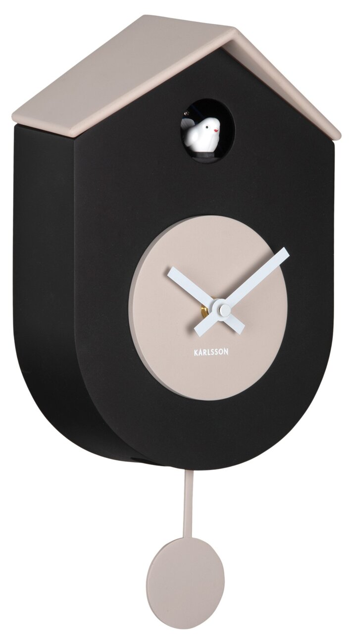 Moderne Wanduhr in Form eines Vogelhauses mit schwarzem Gehäuse und beigem Zifferblatt, seitliche Perspektive.