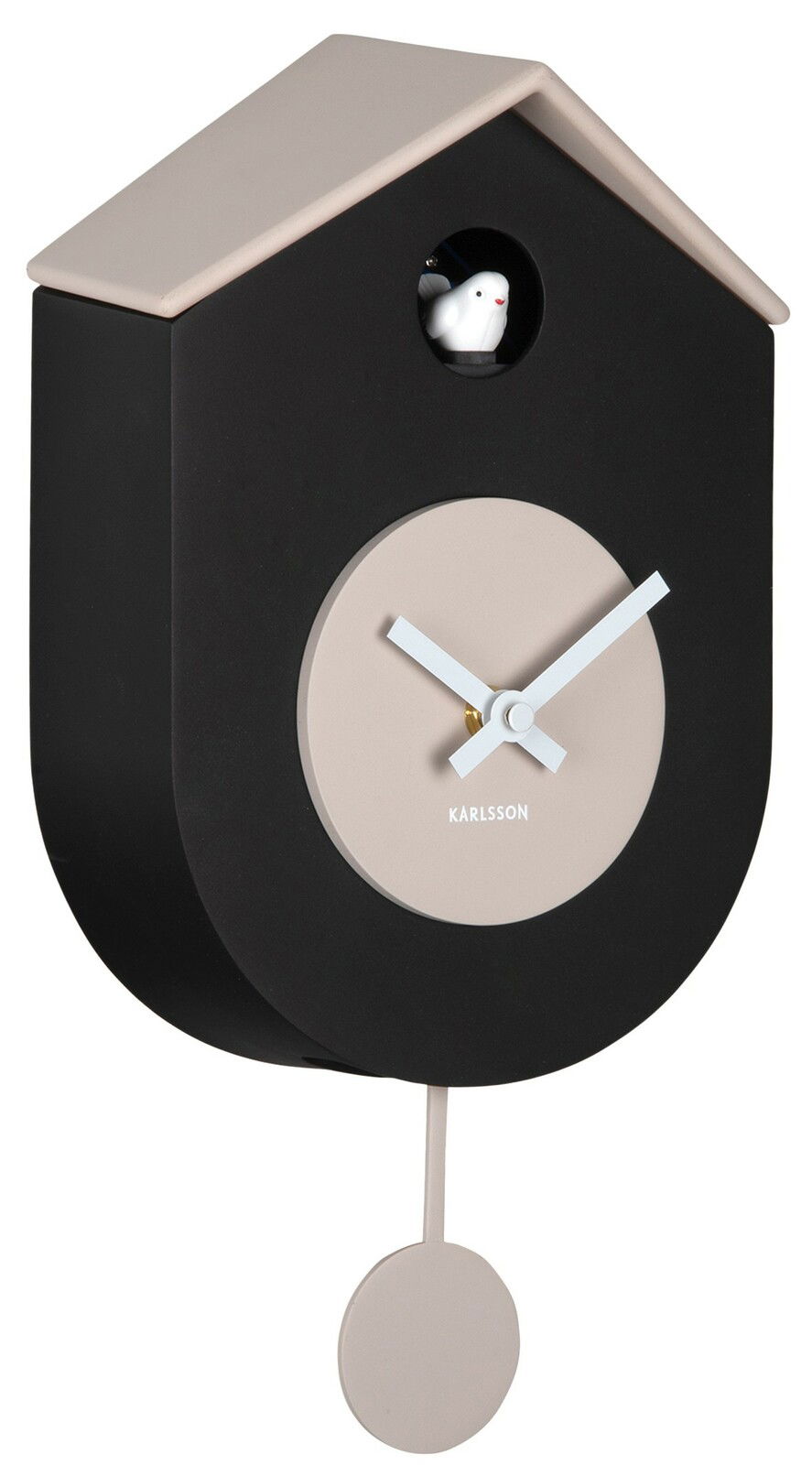 Moderne Wanduhr in Form eines Vogelhauses mit schwarzem Gehäuse und beigem Zifferblatt, seitliche Perspektive.