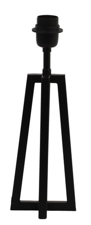 Schwarzer Lampenfuß aus Metall in dreibeiniger Form, frontal fotografiert.