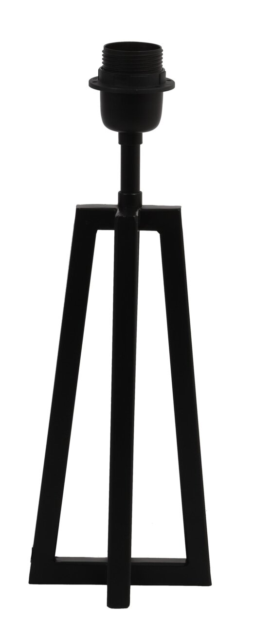 Schwarzer Lampenfuß aus Metall in dreibeiniger Form, frontal fotografiert.