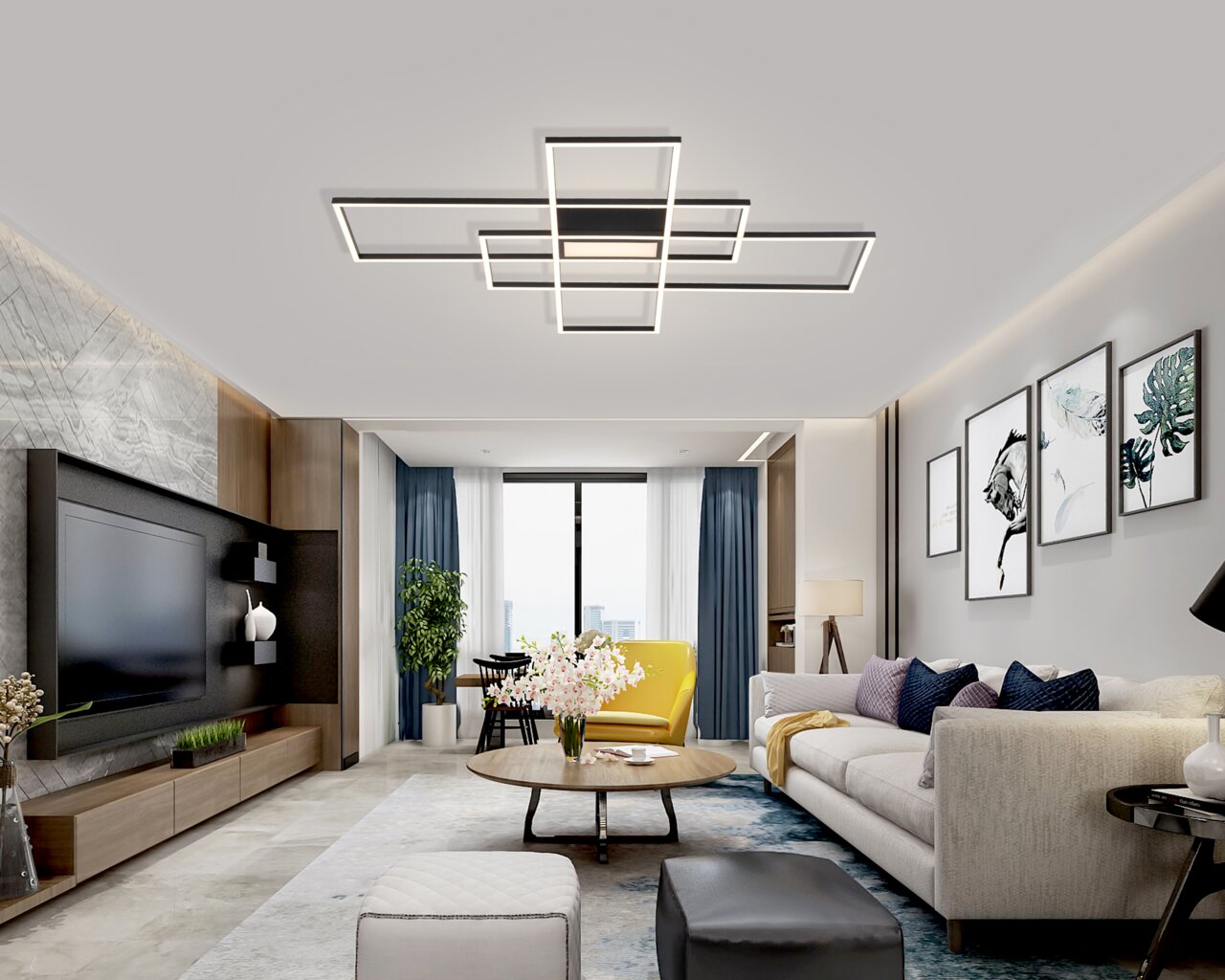 Novel LED-Deckenleuchte Big Frame Moderne LED-Deckenleuchte in geometrischem Design, von unten in einem stilvollen Wohnzimmer mit eleganter Einrichtung betrachtet.