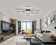 Moderne LED-Deckenleuchte in geometrischem Design, von unten in einem stilvollen Wohnzimmer mit eleganter Einrichtung betrachtet.