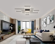 Moderne led-plafondlamp met een geometrisch ontwerp, gezien van onderaf in een stijlvolle woonkamer met een elegante inrichting.