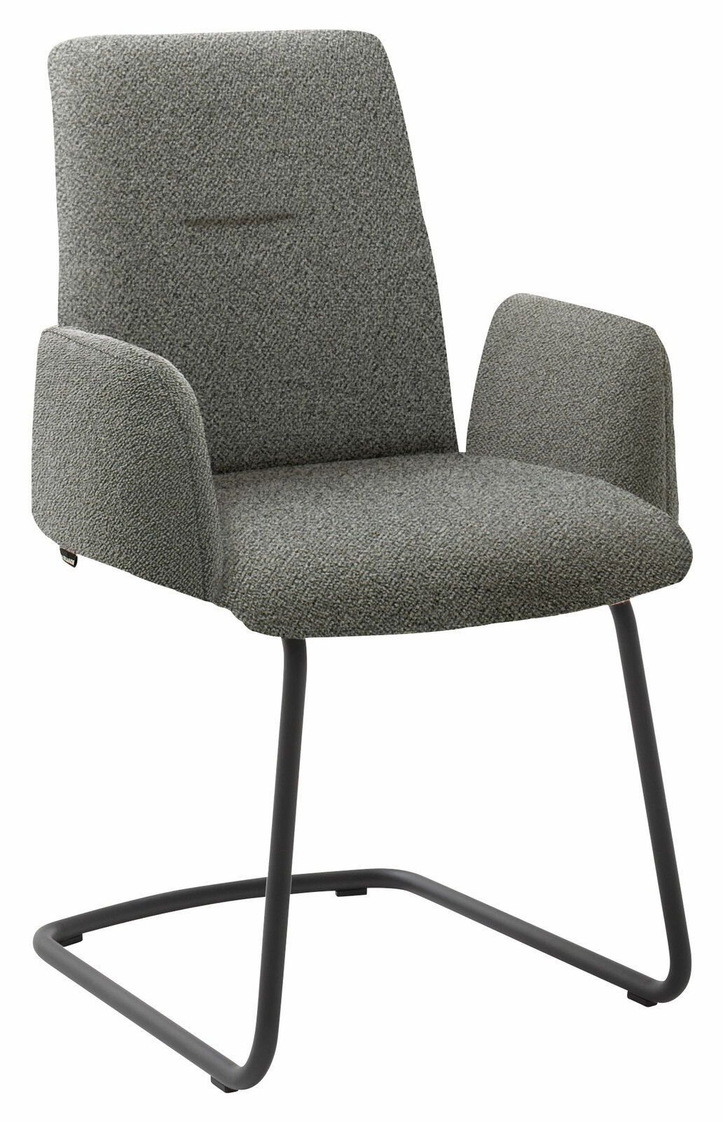 Grauer Armlehnstuhl mit modernem Design, seitliche Perspektive
