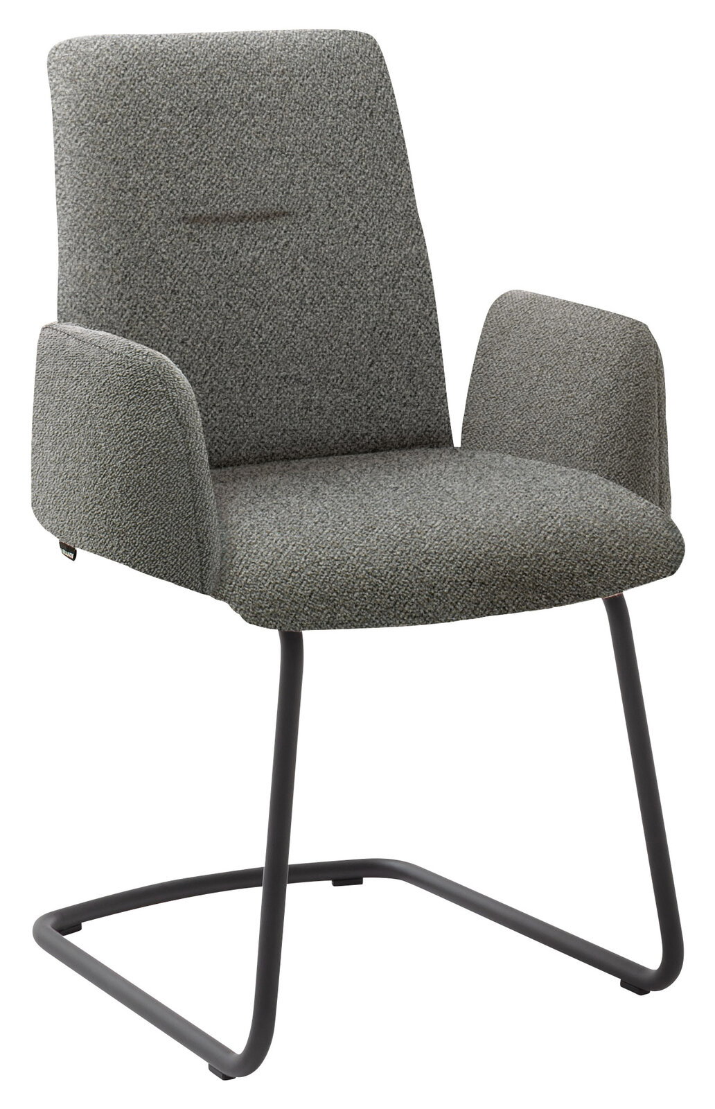 Grauer Armlehnstuhl mit modernem Design, seitliche Perspektive