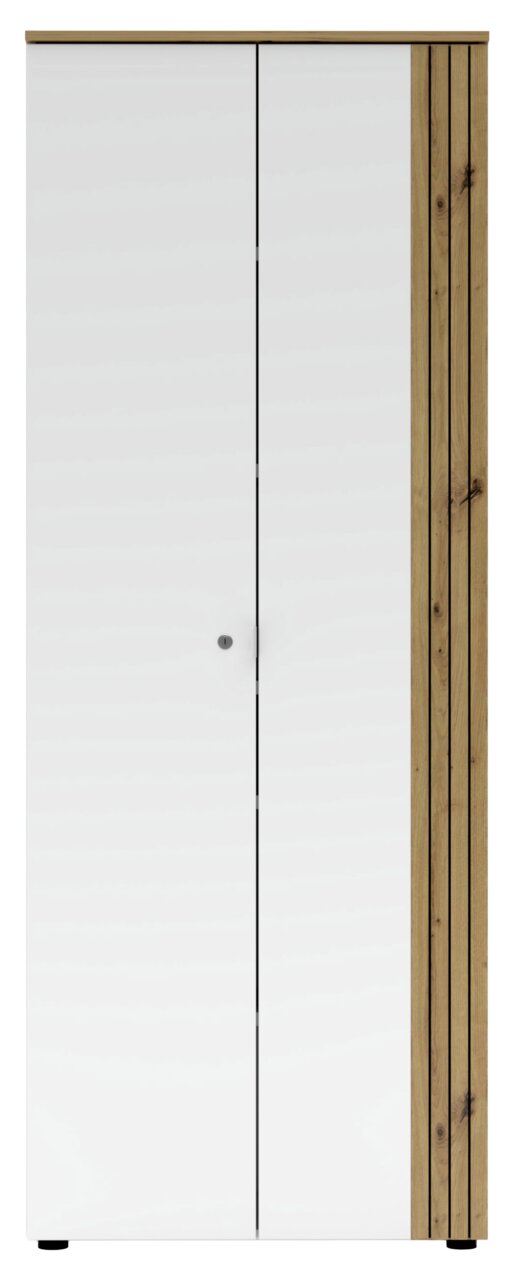 Moderner Büroschrank mit weißen Türen und Holzdetails, Frontalansicht