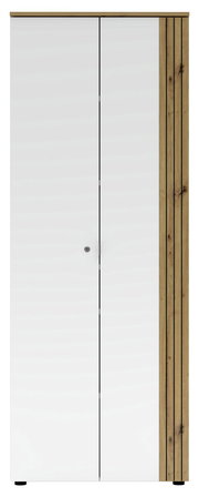 Moderner Büroschrank mit weißen Türen und Holzdetails, Frontalansicht