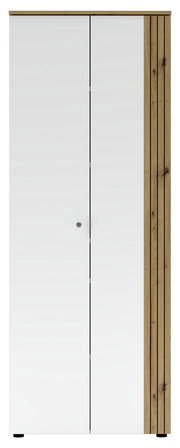 Moderner Büroschrank mit weißen Türen und Holzdetails, Frontalansicht