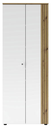 Moderner Büroschrank mit weißen Türen und Holzdetails, Frontalansicht