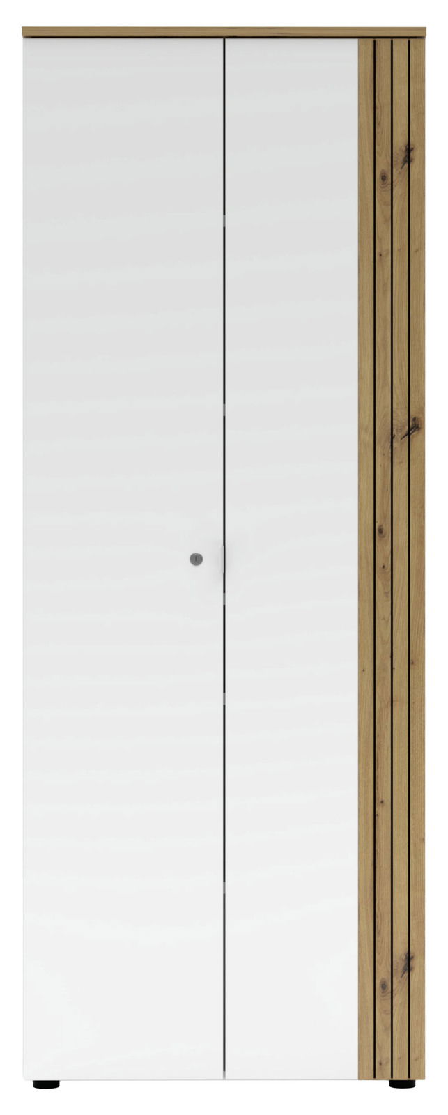 Moderner Büroschrank mit weißen Türen und Holzdetails, Frontalansicht